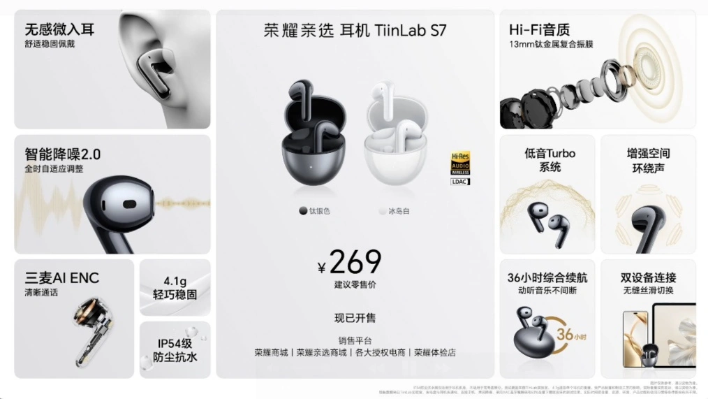 荣耀亲选 TiinLab S7 耳机发布：Hi Res 金标认证、13mm 钛金属复合振膜，269 元