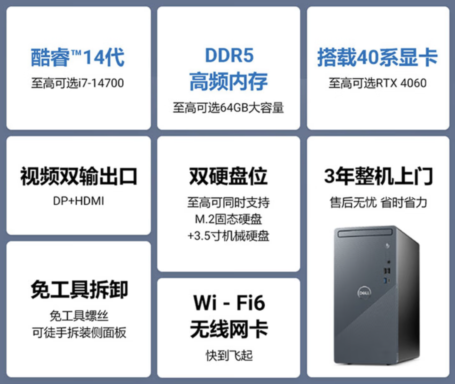 戴尔灵越 3030 台式电脑主机新增“i7-14700F + 16G + 1T + RTX4060”配置，售 9199 元