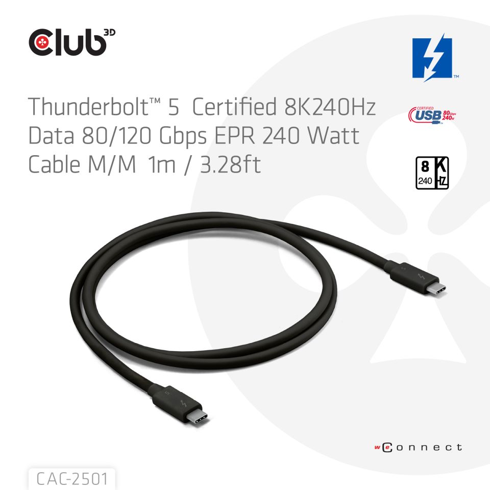 Club3D 推出 1m 长全功能雷电 5 线材，支持 DP2.1 Alt、240W USB PD EPR  第1张