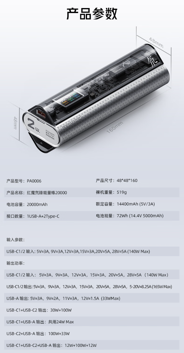 红魔氘锋能量棒 20000 mAh 移动电源今起首销：72Wh 容量 / 140W 快充，首发 999 元