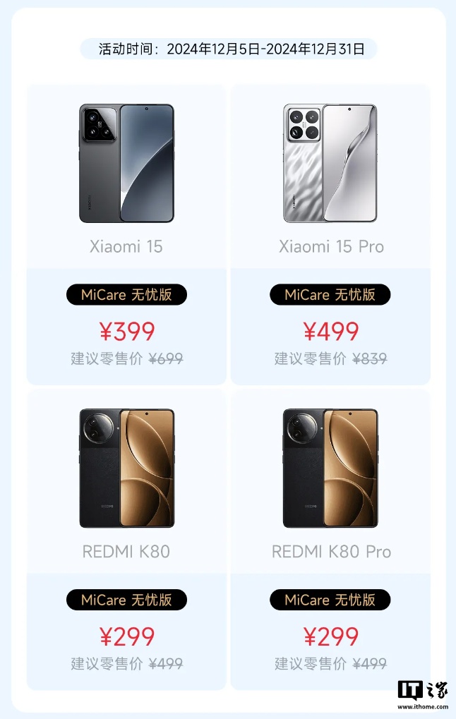 小米 15、REDMI K80 手机 MiCare 无忧版推出 6 折优惠活动，299 元起