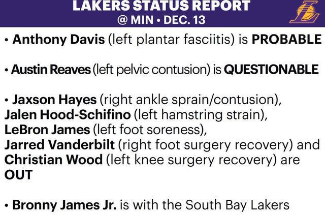 湖人官方：詹姆斯确定不打森林狼 将至少休息8天