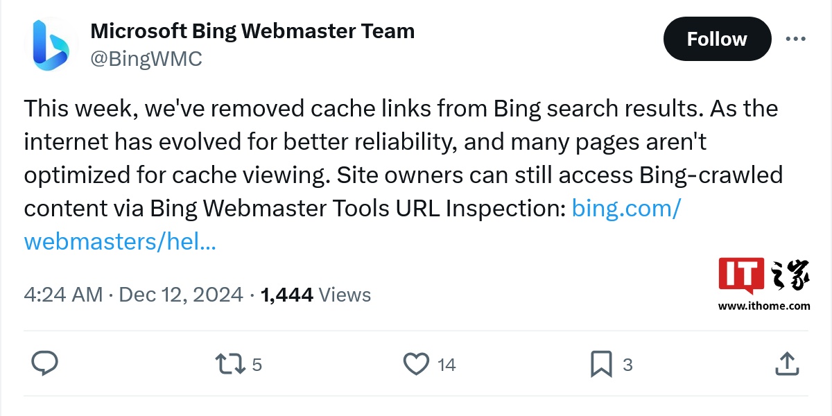 跟随谷歌：微软 Bing 必应搜索结果页面不再提供网页缓存链接
