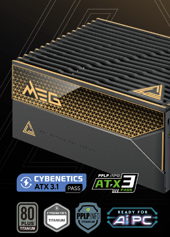 微星 MEG Ai1600T PCIE5 电源预热：1600W 钛金认证，支持 RGB 灯效