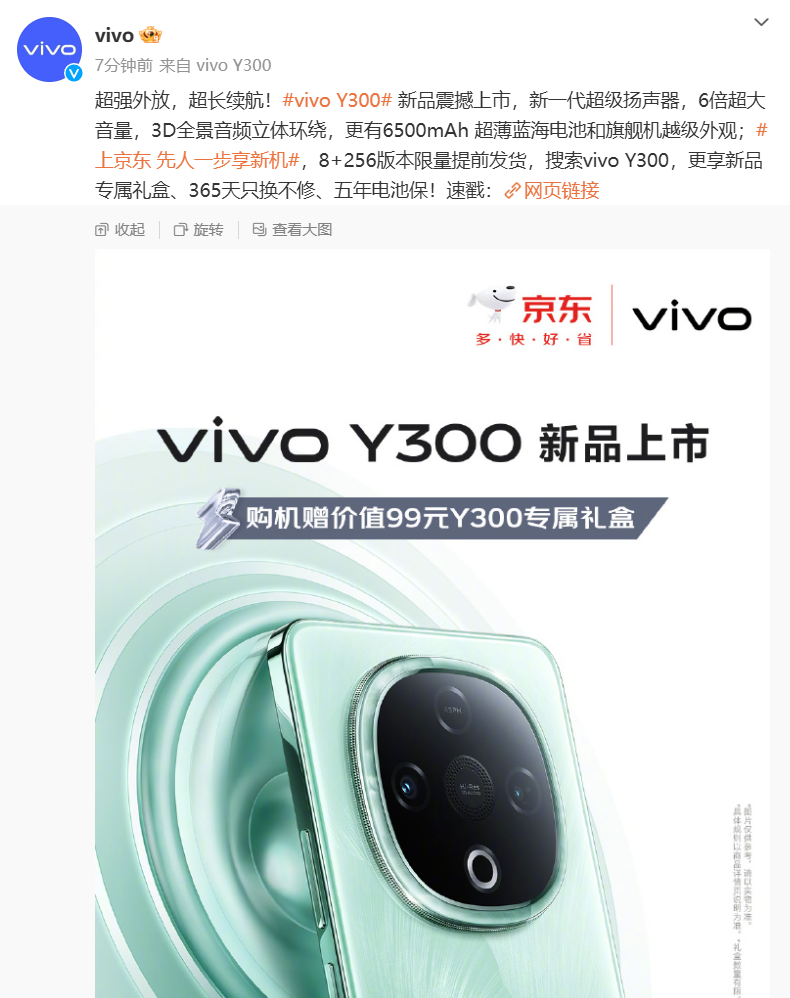 vivo Y300 手机 8+256 版本限量开售：天玑 6300、后置扬声器设计，首发 1499 元  第1张