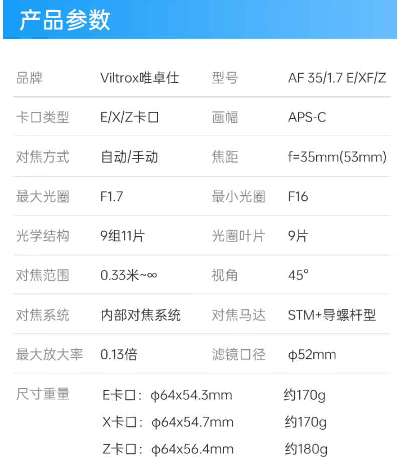 889 元“新手快乐头”，唯卓仕 AF 35mm F1.7 E / Z / XF 卡口 APS-C 镜头发布