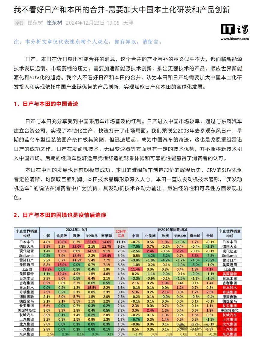 乘联分会崔东树不看好日产本田合并：双方需加大中国本土化研发、产品创新