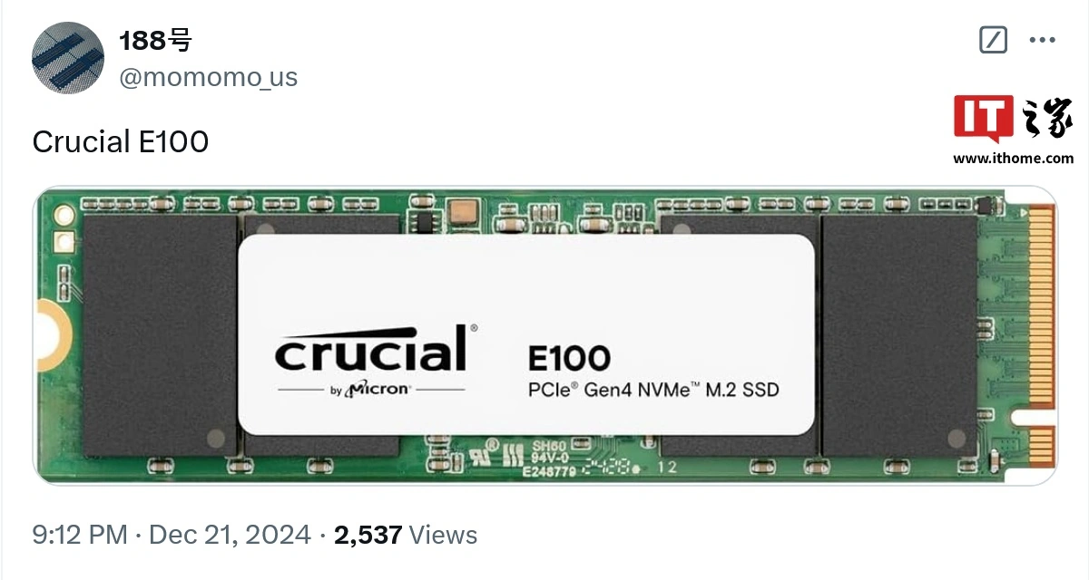 美光英睿达将推 E100 固态硬盘，PCIe 4.0 NVMe M.2 规格