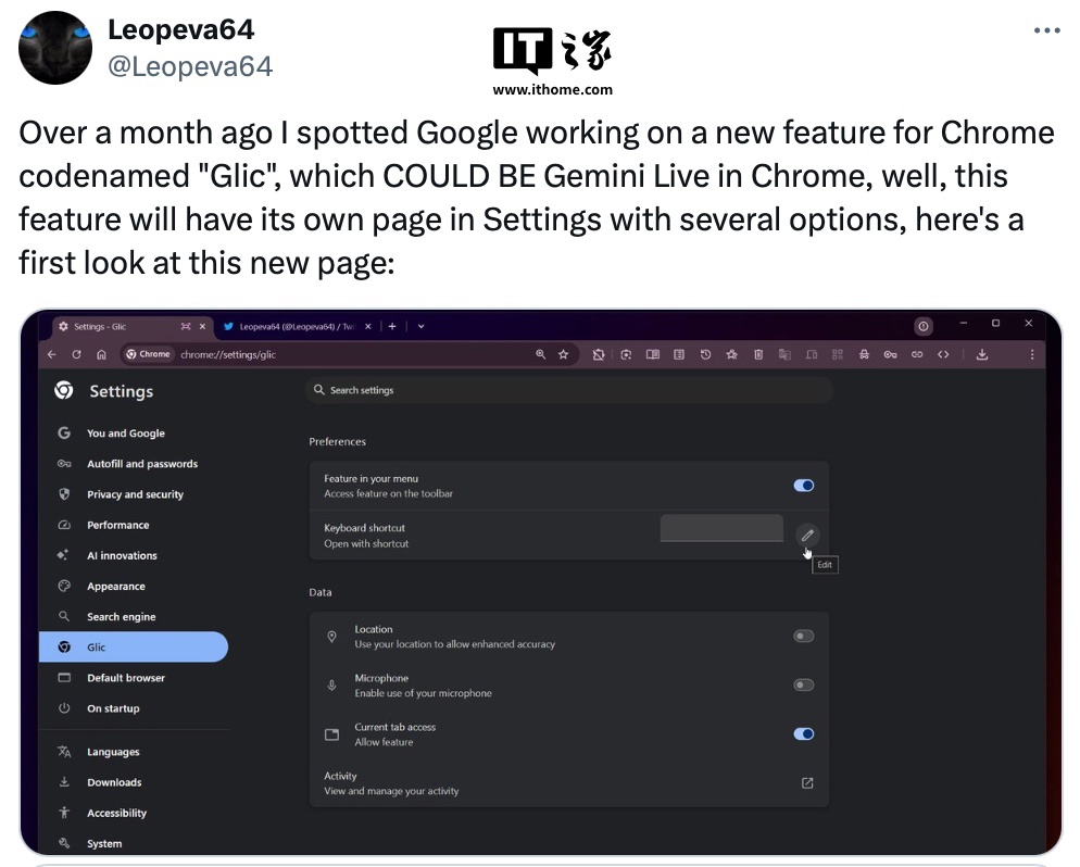 消息称谷歌正为 Chrome 浏览器引入“Glic”AI 功能，基于 Gemini Live 大模型打造