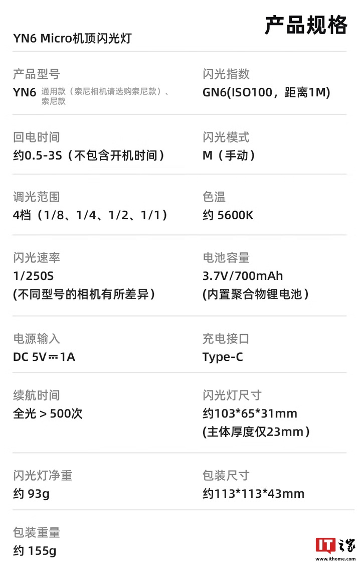 永诺 YN6 Micro 相机闪光灯首销：93 克重量、90 度补光角度，139 元起