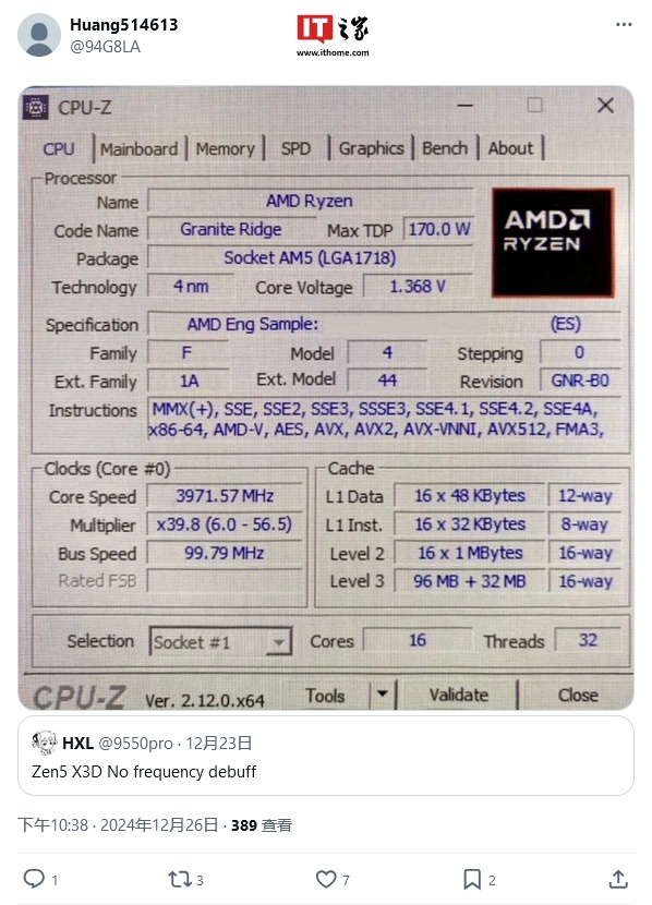 AMD Ryzen 9 9950X3D 处理器曝光：16 核 32 线程、5.65GHz、128MB 三缓，170W TDP