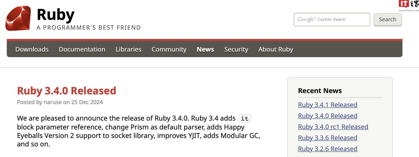 编程语言 Ruby 3.4 正式发布：引入“it”块参数引用方式、模块化垃圾回收机制